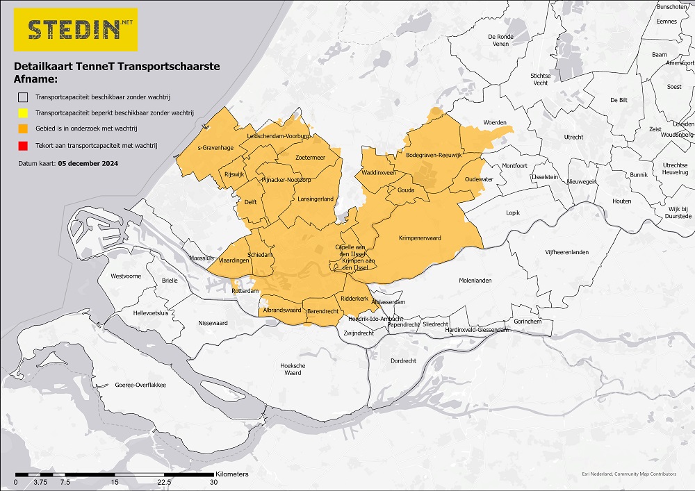 Detailkaart van congestie voor afname in Zuid-Holland op hoogspanningsnet TenneT