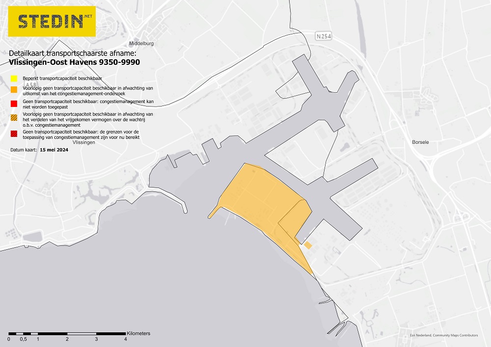 Kaart die transportschaarste Vlissingen-Oost havens weergeeft voor afname