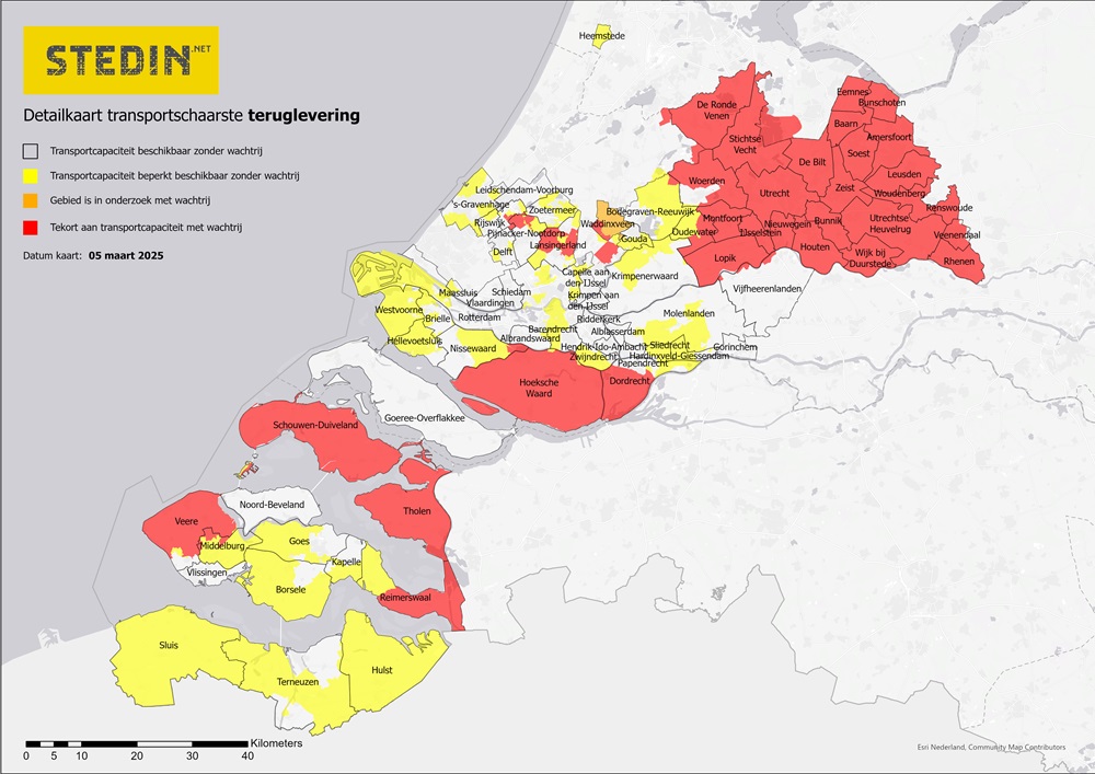 Kaart die transportschaarste weergeeft voor opwek