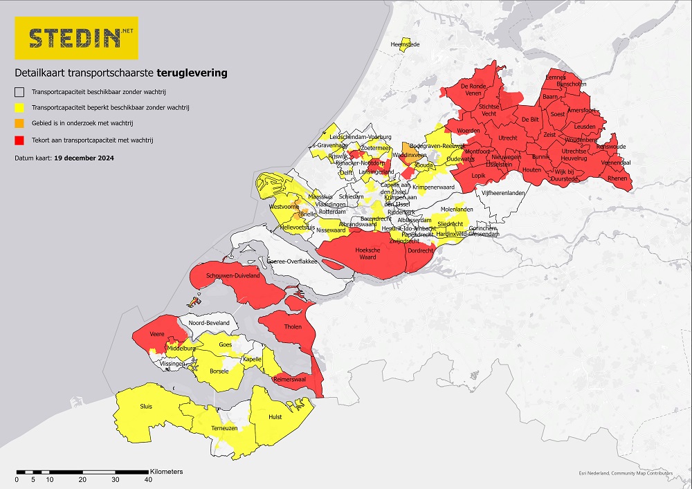 Kaart die transportschaarste weergeeft voor opwek