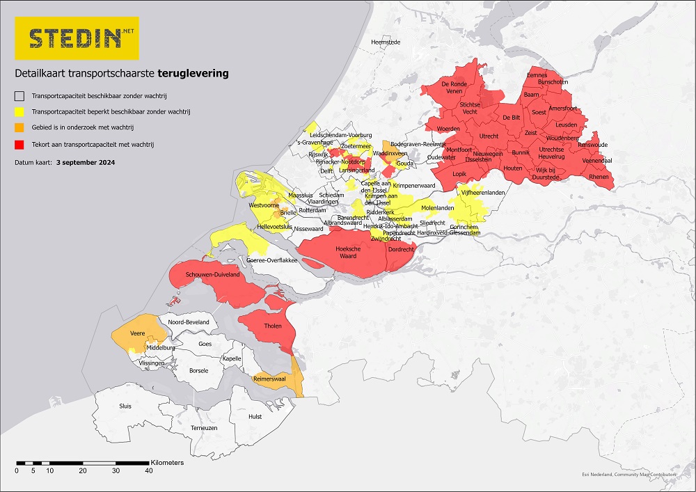 Kaart die transportschaarste weergeeft voor opwek